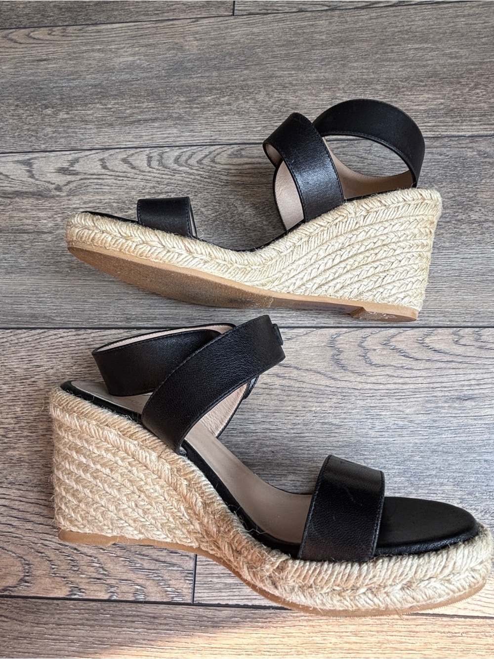 Stuart Weitzman Lexia Espadrille Leather Ankle Strap Black Wedge Sandal Sz 8 - Picture 9 of 16